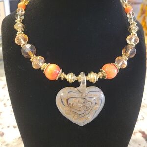 Glass Heart Pendant Necklace with Orange Accents